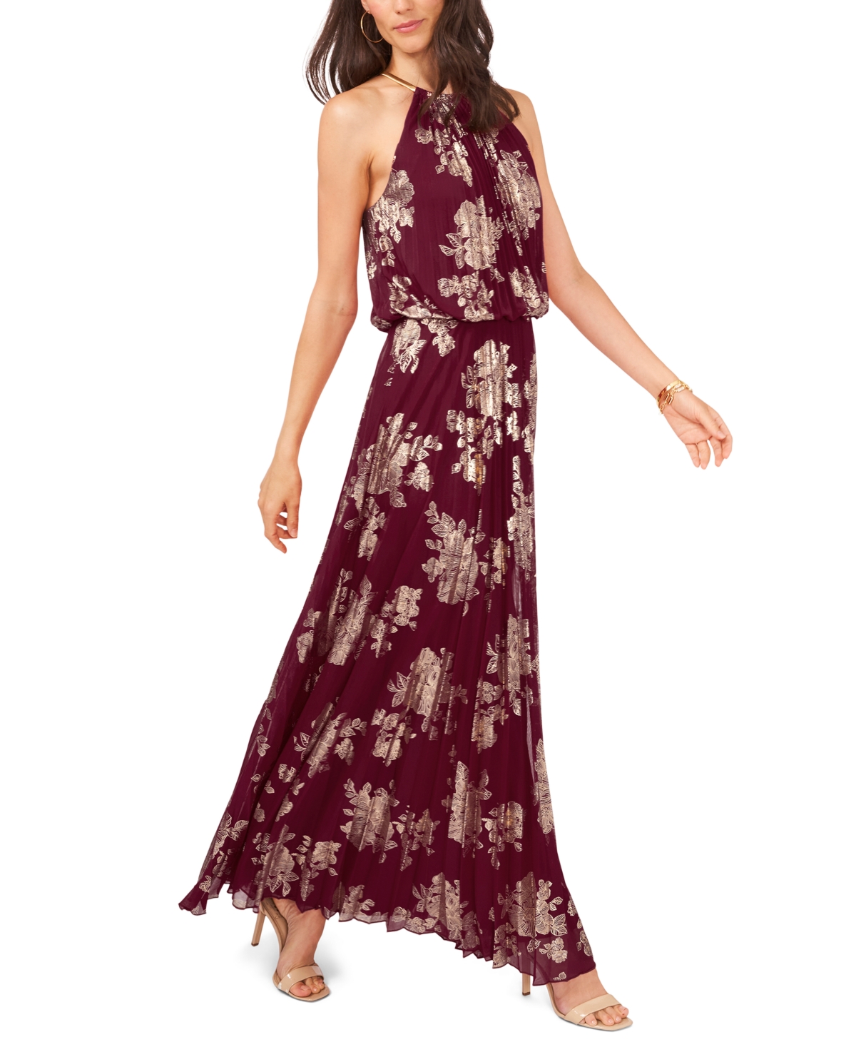 Msk Women's Embellishment Halter-neck Pleated Dress In Burgundy