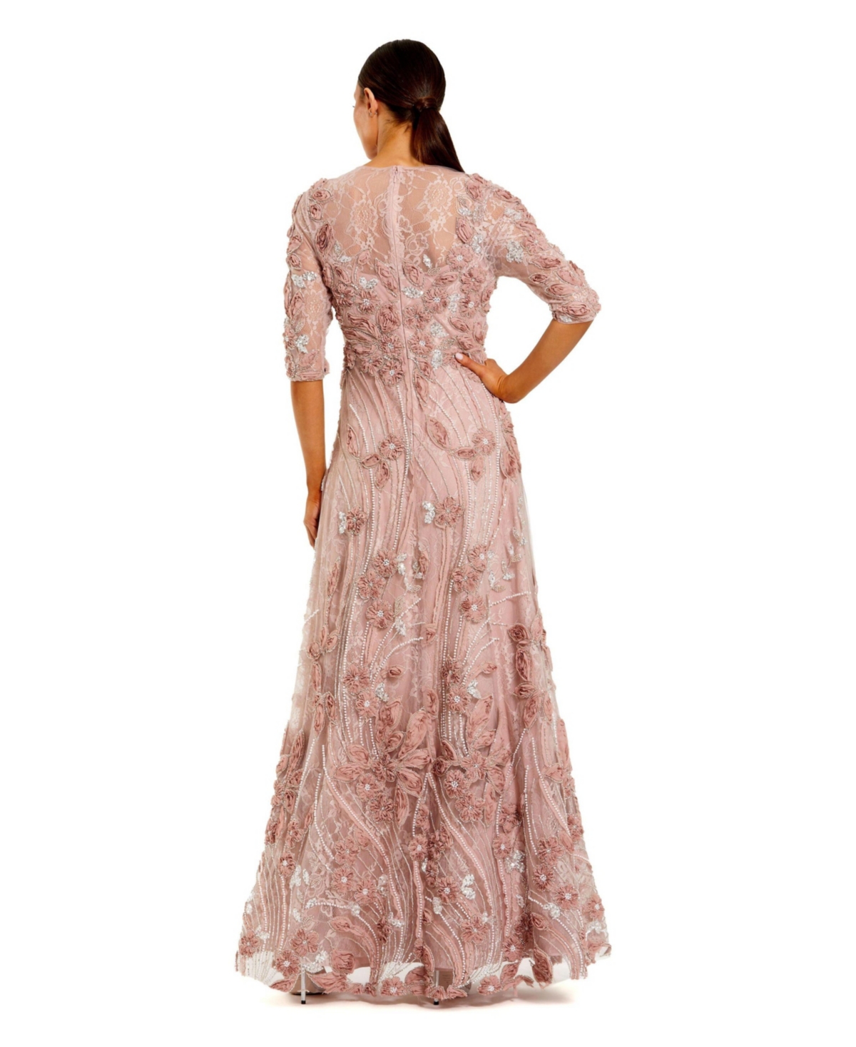 Mac Duggal Women's 3/4 Sleeves High Neck Embellished Lace Gown