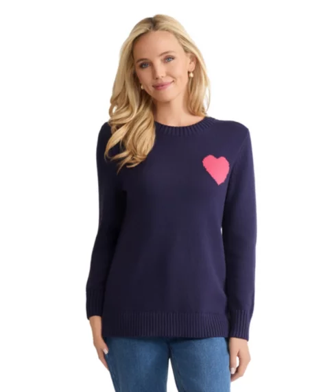 Petite Heart Crewneck Sweater - Pacific Navy/Fresh Guava