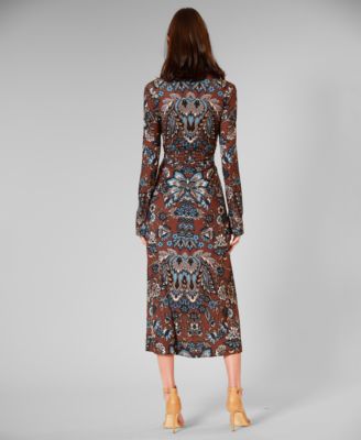 Women's Printed Long-Sleeve Collared Dress