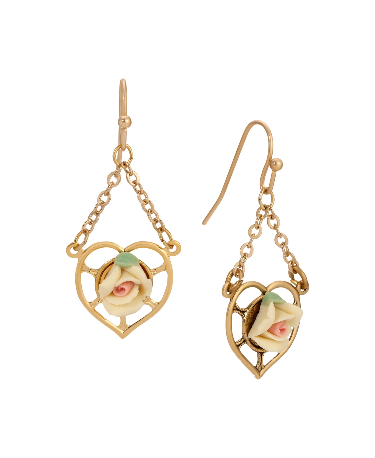 2028 Gold Tone Heart Porcelain Rose Earrings