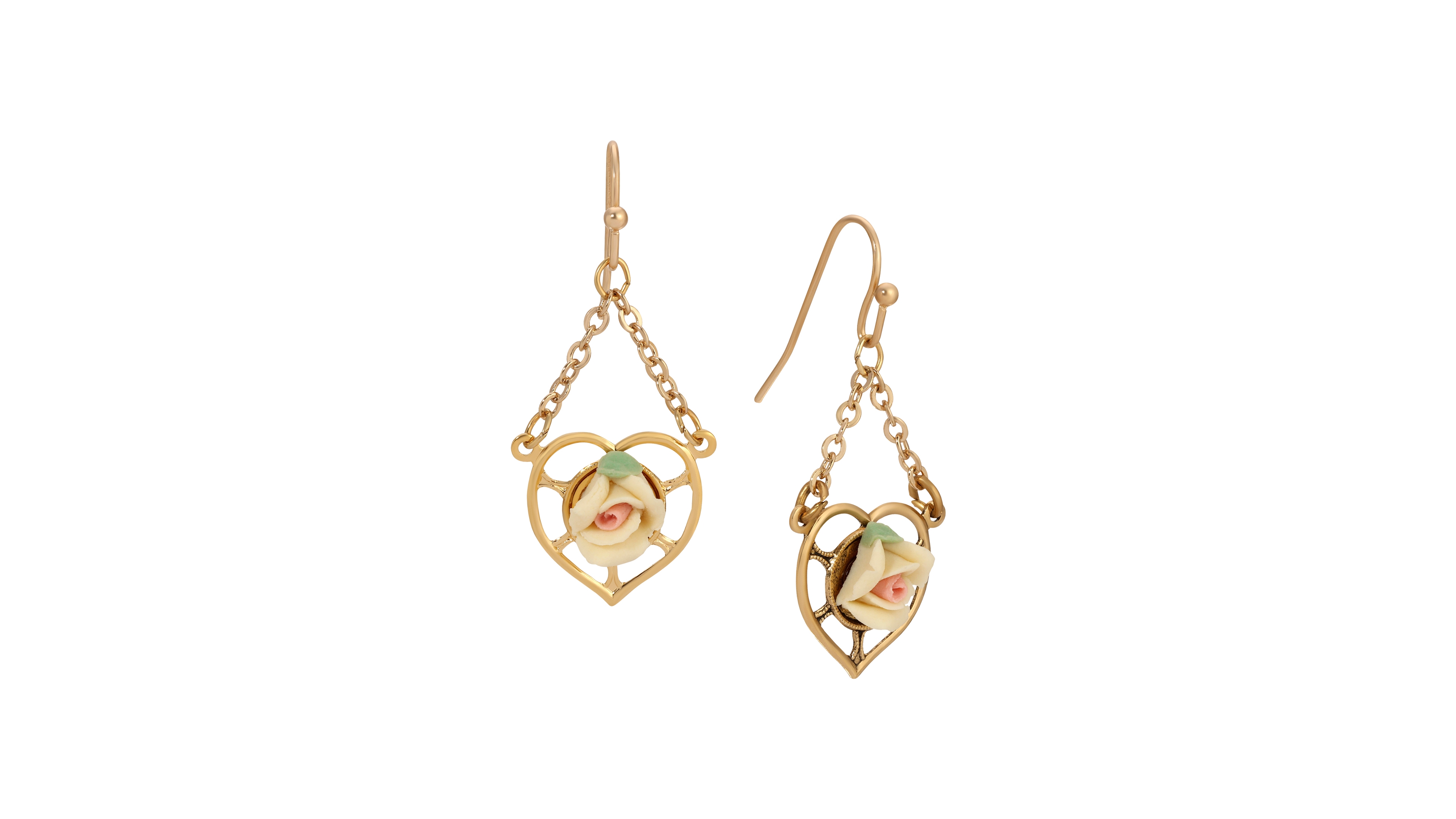 2028 Gold Tone Heart Porcelain Rose Earrings