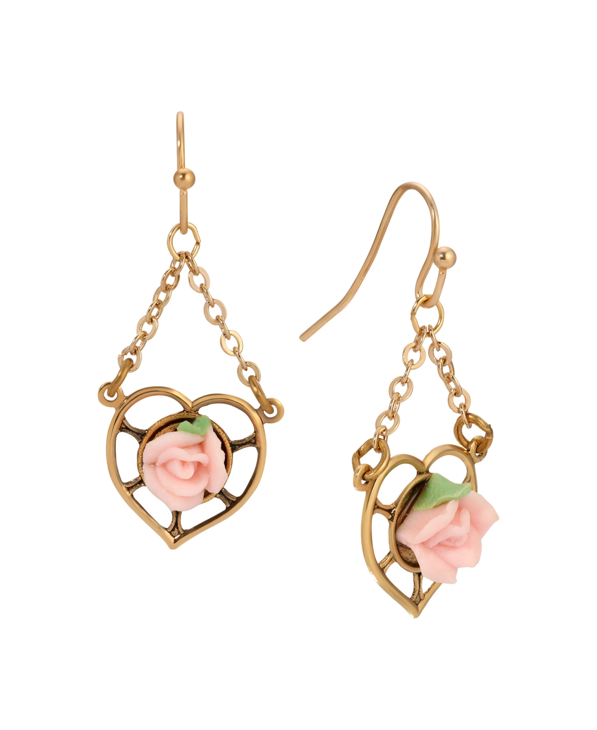 2028 Gold Tone Heart Porcelain Rose Earrings In Pink