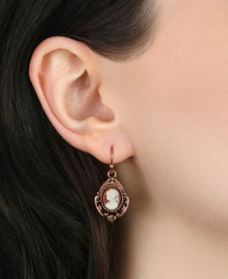 Copper Tone Oval Cameo Crystal Earrings