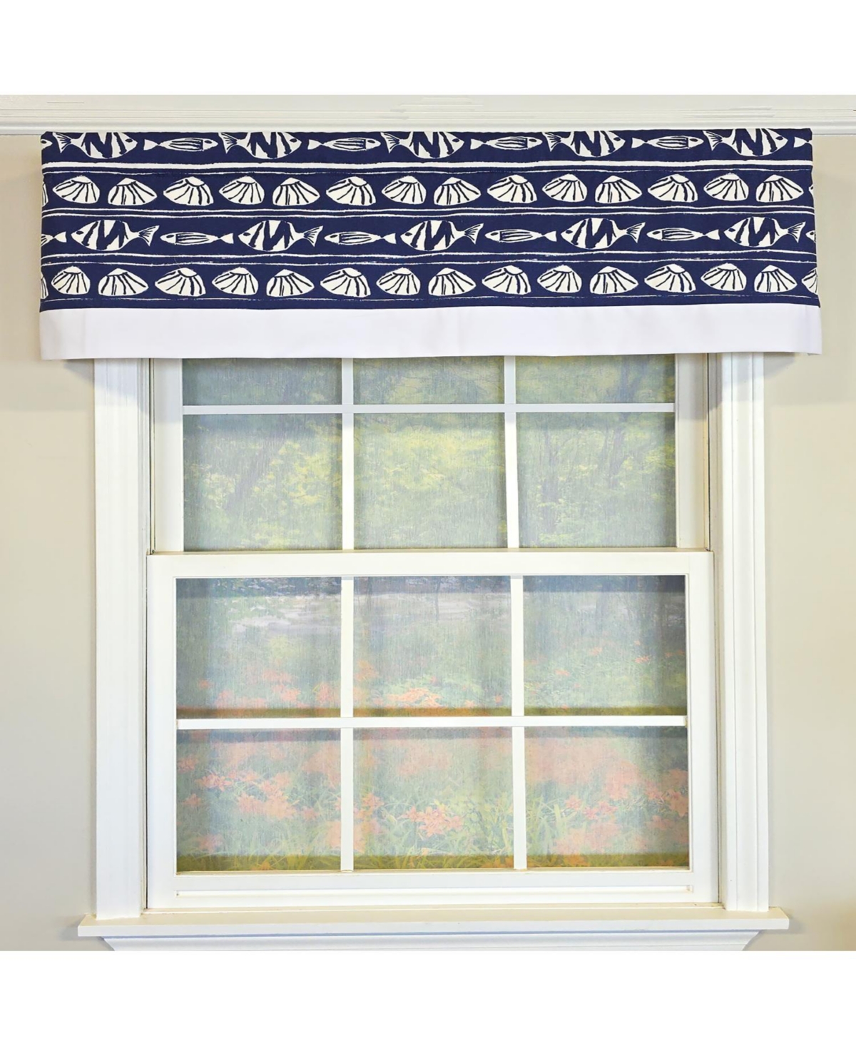 Rlf Home She Shells Banded Valance Collection - 100% Cotton with Ivory Lining 50" x 16" Navy