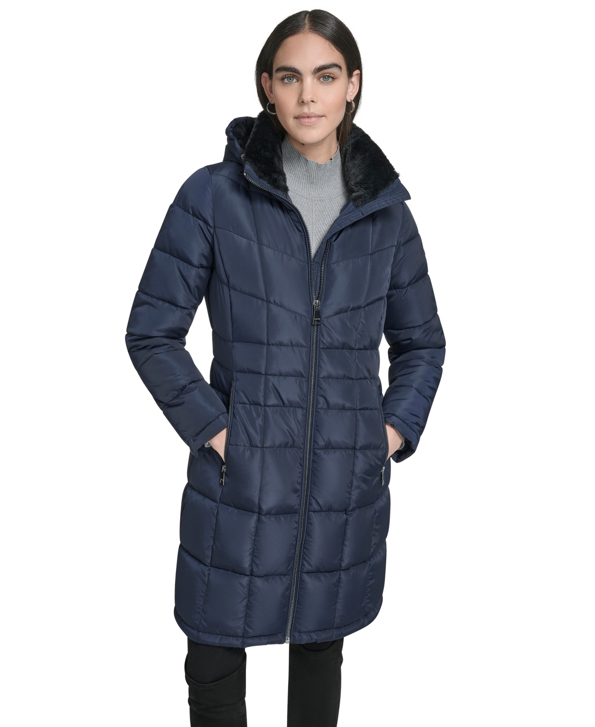 Calvin Klein Women's Hooded Stand Collar Puffer Coat In Blue