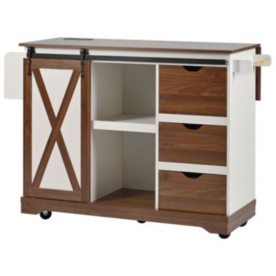 CASAINC 55.5" Wood Drop Leaf with Barn Door, Power Outlet & Spice Rack Kitchen Island