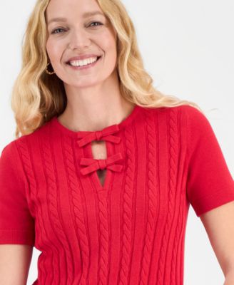 Women's Bow Cable-Knit Short-Sleeve Sweater