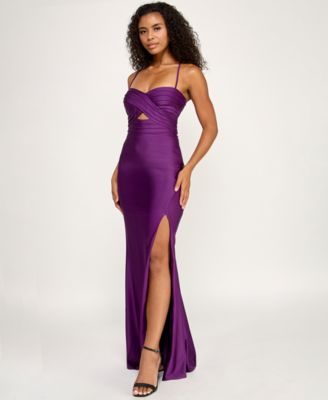 Juniors' Pleated Twist Front Satin Gown