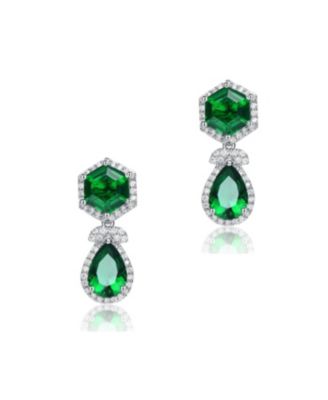 Vintage Rhodium-Plated Halo Earrings in Sterling Silver with Green & Cubic Zirconia