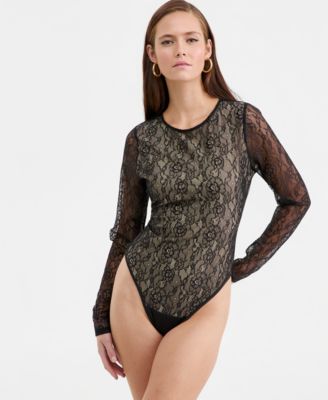 Women's Long-Sleeve Lace Thong Bodysuit, Macy's Exclusive