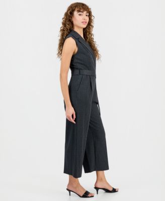 Women's Pinstriped Notched Collar Jumpsuit