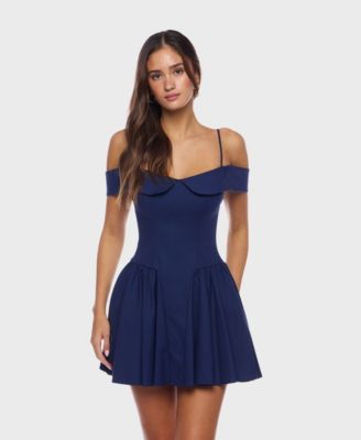 B Darlin - Juniors' Sweetheart Spaghetti-Strap Cold-Shoulder Twill Fit & Flare Dress