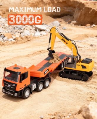 1:24 RC Semi Truck and Excavator Set, 9-Channel Remote Control Construction Vehicles, Detachable Trailer, Dual 2.4GHz Controllers, Gift for Kids 8+