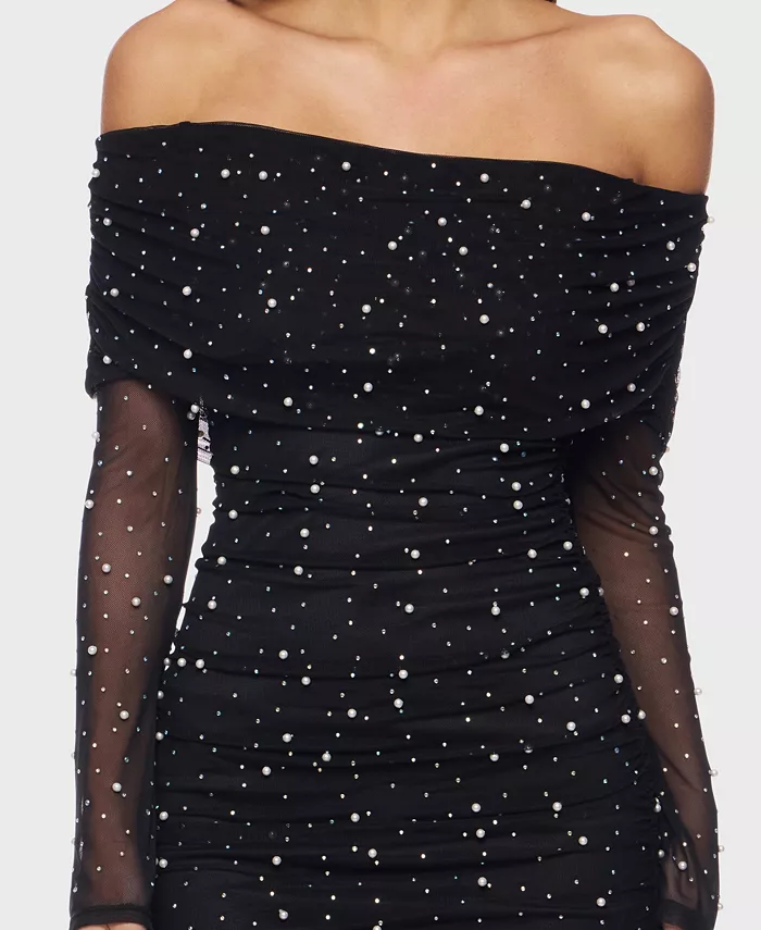 Juniors Off-the-Shoulder Short Dress with Long Sleeves and Pearl Detail - thumbnail 5