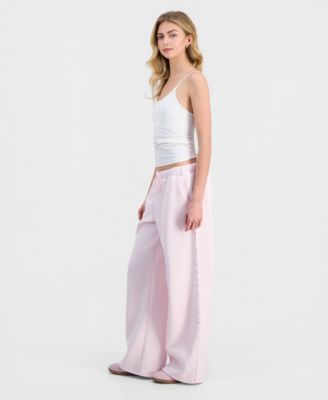 Juniors' Floral Piped Fleece Wide-Leg Pants