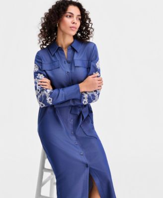 Women's Embroidered-Sleeve Denim Shirtdress