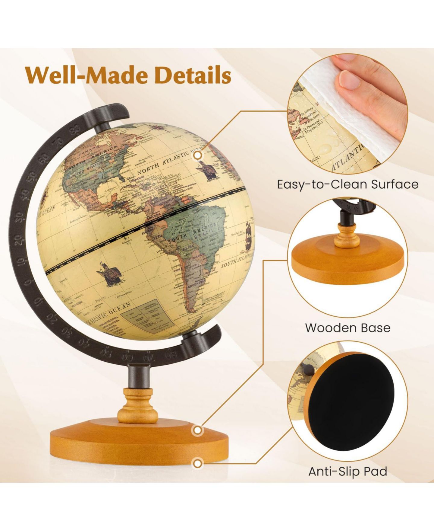 Детская игрушка Mecale Antique Rotating Globe, Geography Learning, Ages 5+, цвет: Коричневый — фото 6