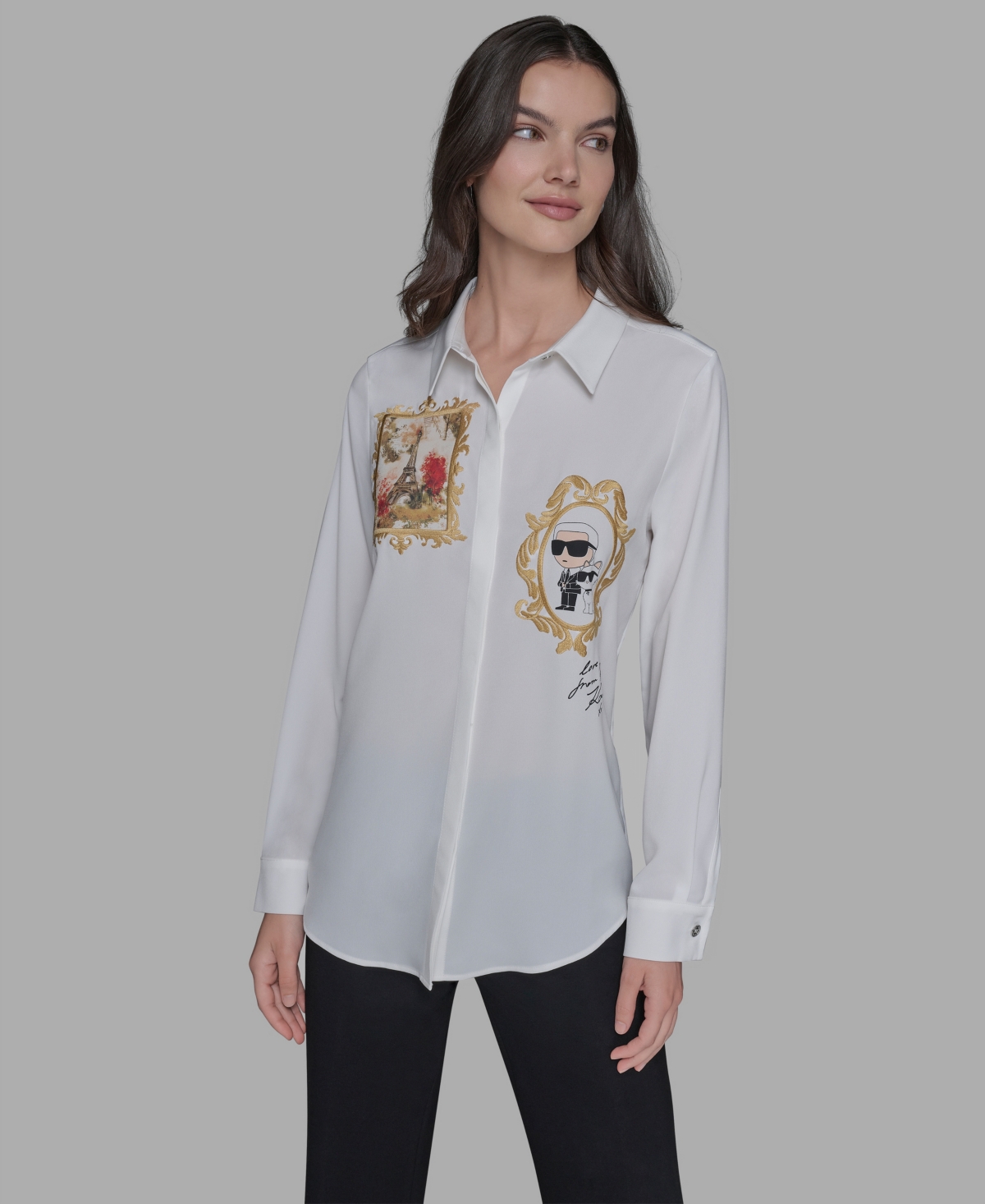 Karl Lagerfeld Women's Portrait Button Down Top In White