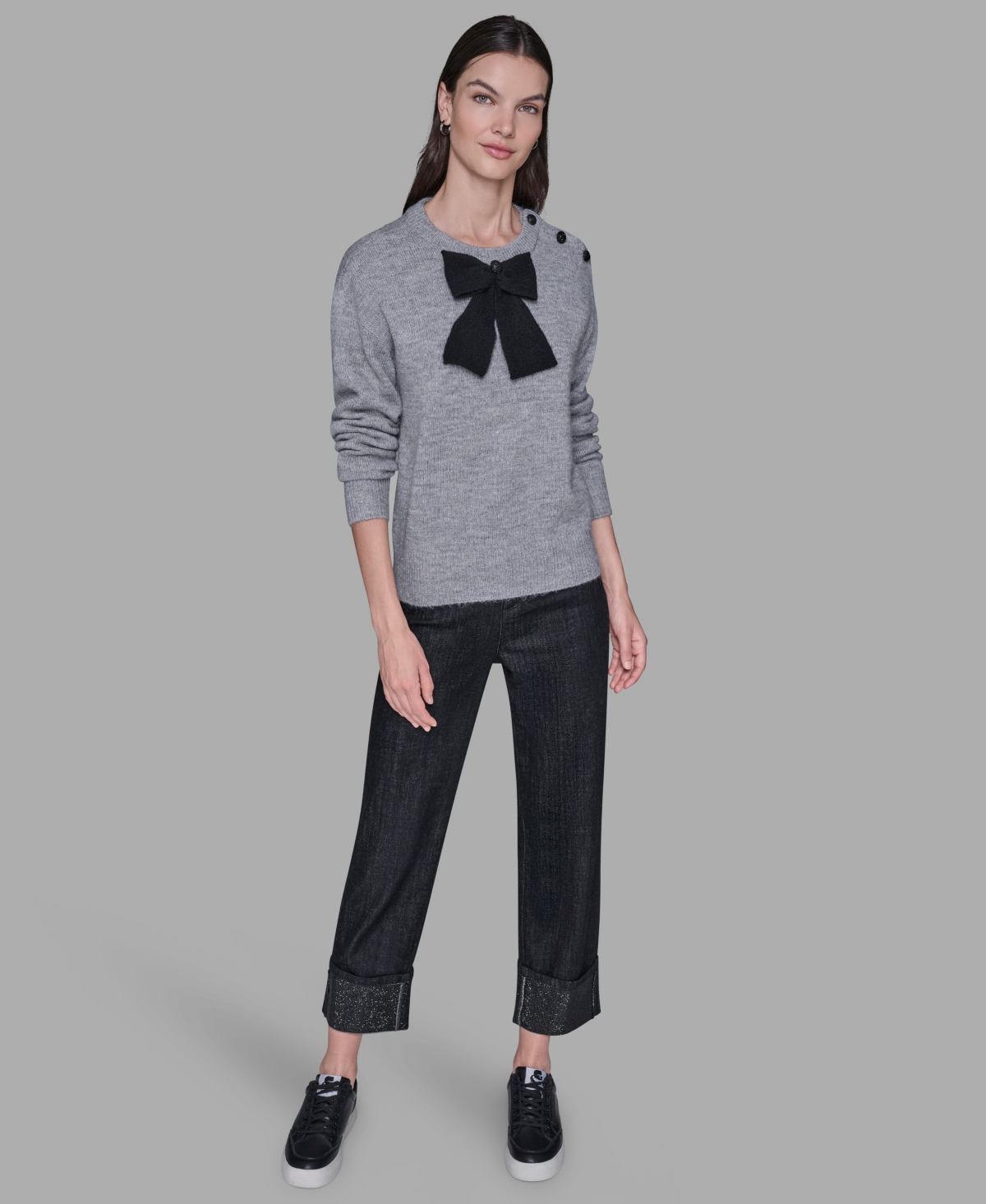 Karl Lagerfeld Women's Big Bow Applique Long Sleeve Sweater In Gray