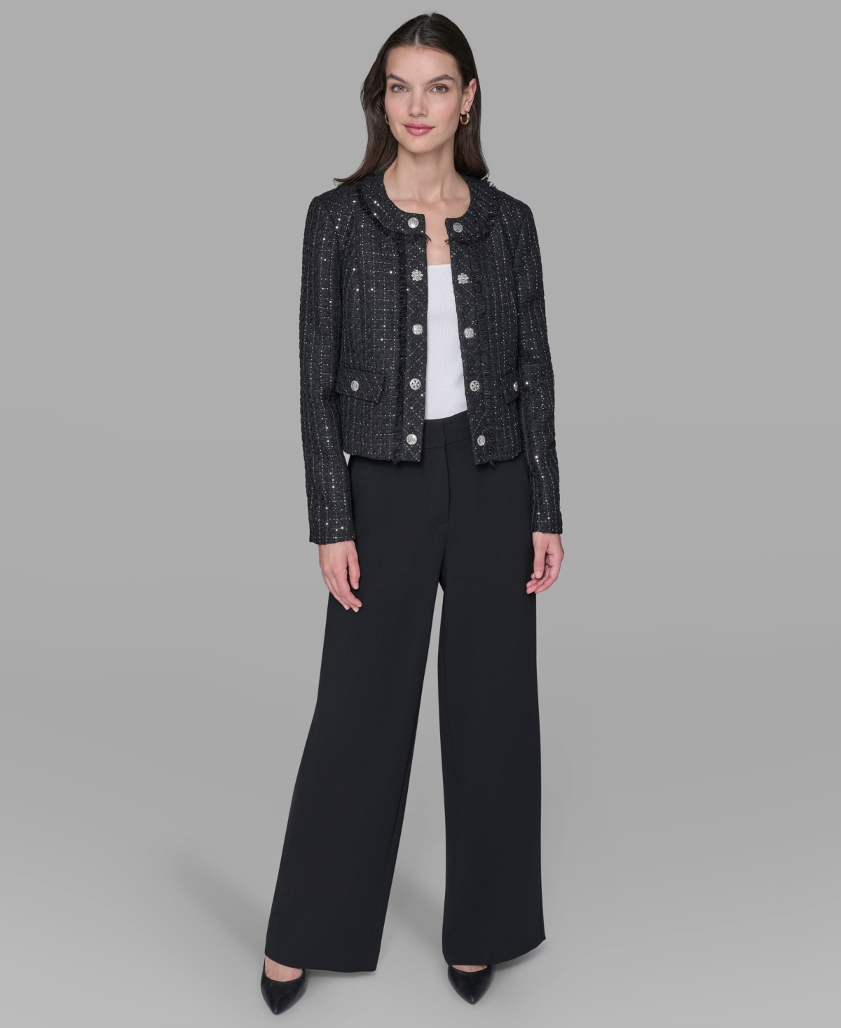 Karl Lagerfeld Women's Cropped Collarless Tweed Jacket In Black
