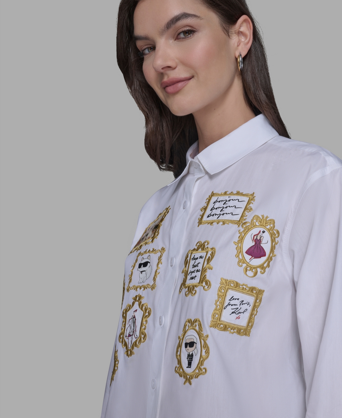 Karl Lagerfeld Women's Portrait Button Down Top In White
