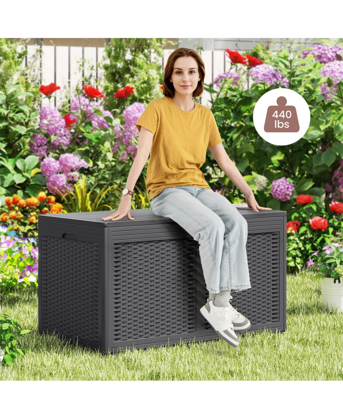 Sugift 100 Gallon Resin Deck Box Outdoor Waterproof Storage Bench-Gray