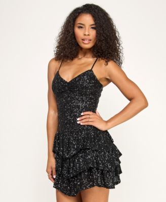 Juniors' Sweetheart Neck Sequin Tiered Dress