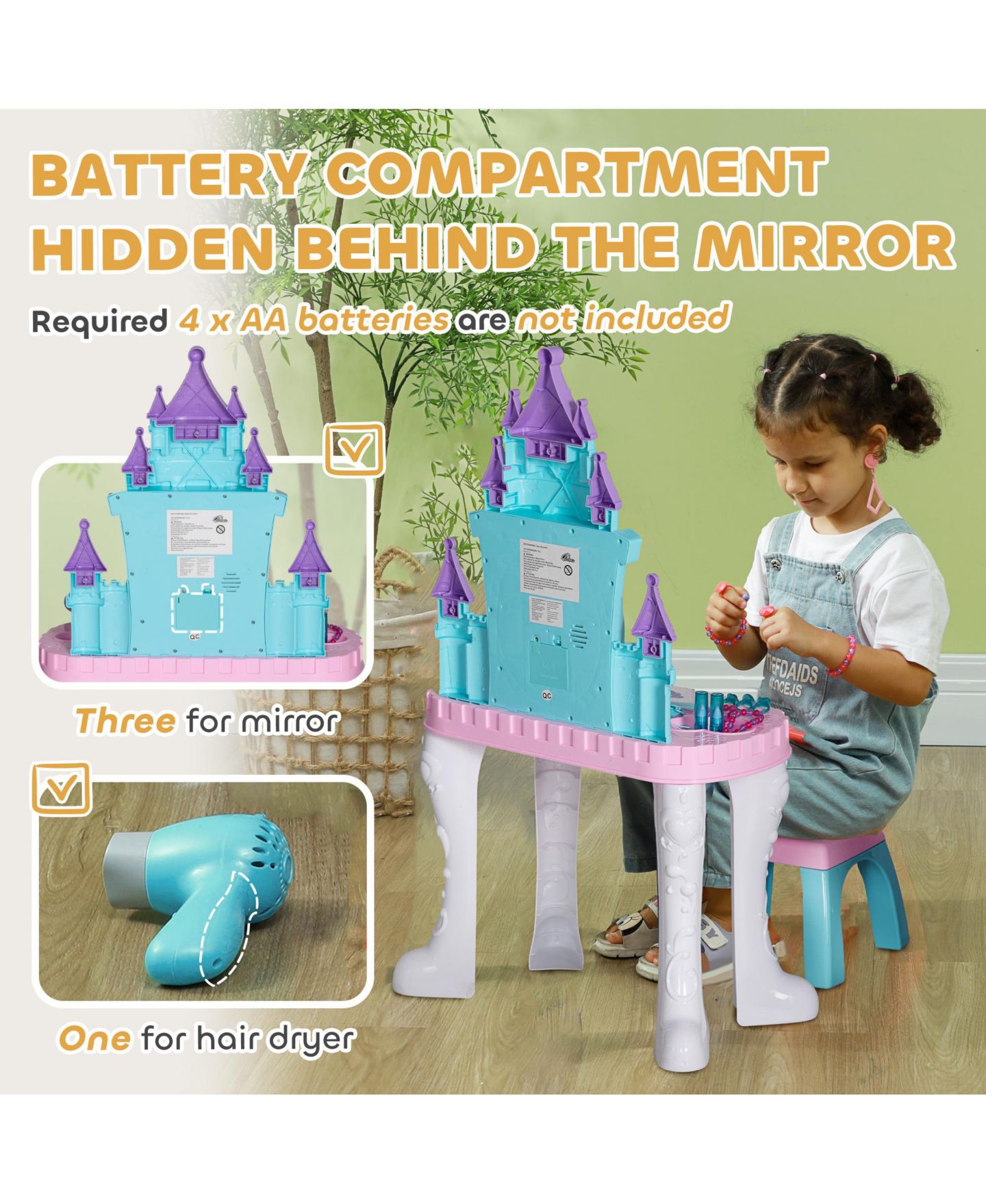 Детские игрушки Qaba Kids Vanity Set with Mirror and Stool, Light, Music, Castle Design, цвет: Разноцветный — фото 7