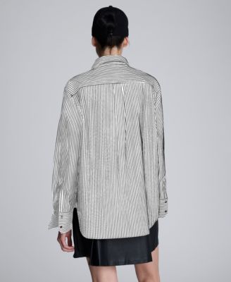 Women's Oversized Pinstripe Boyfriend Button-Front Shirt