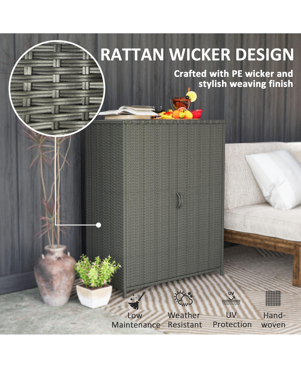 Outsunny Wicker Outdoor Storage Cabinet with Shelves, 2 Doors, Dark