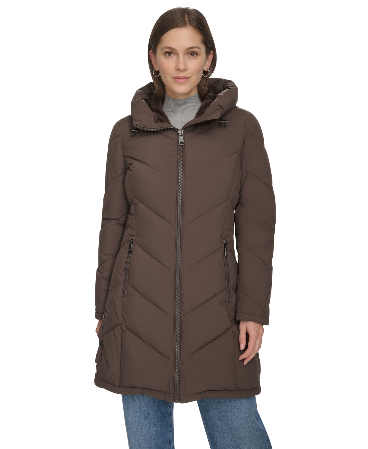 Calvin Klein Women's Lined Hooded Puffer Coat In Brown