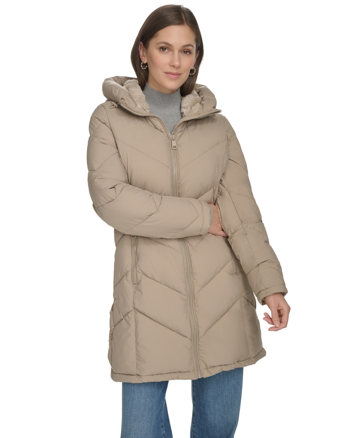 Calvin Klein Women's Lined Hooded Puffer Coat In Neutral