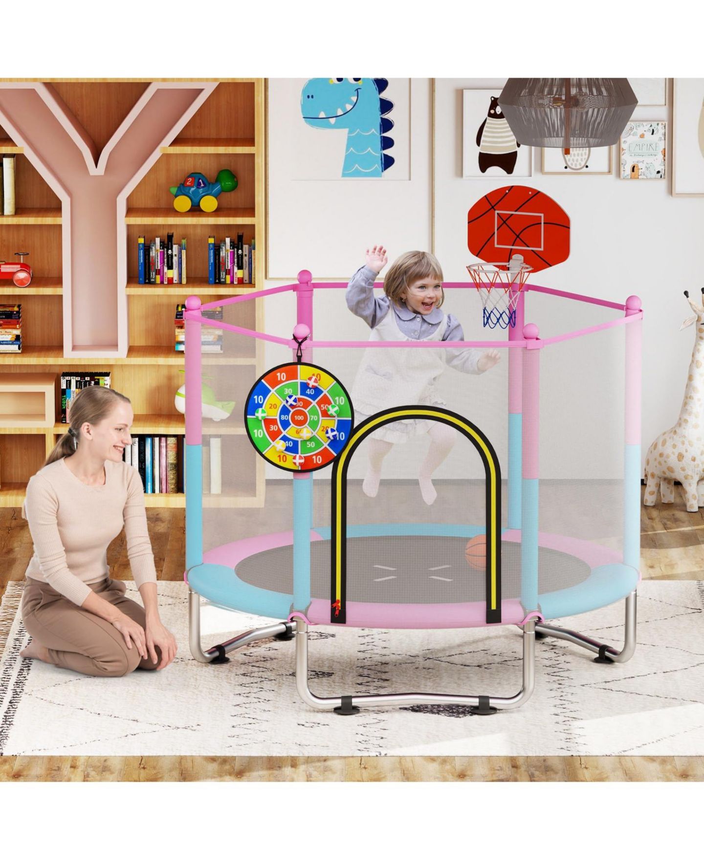 Детская игрушка Mecale 60-Inch 3-in-1 Kids Trampoline with Basketball Hoop, Ages 3-6, цвет: Розовый — фото 2