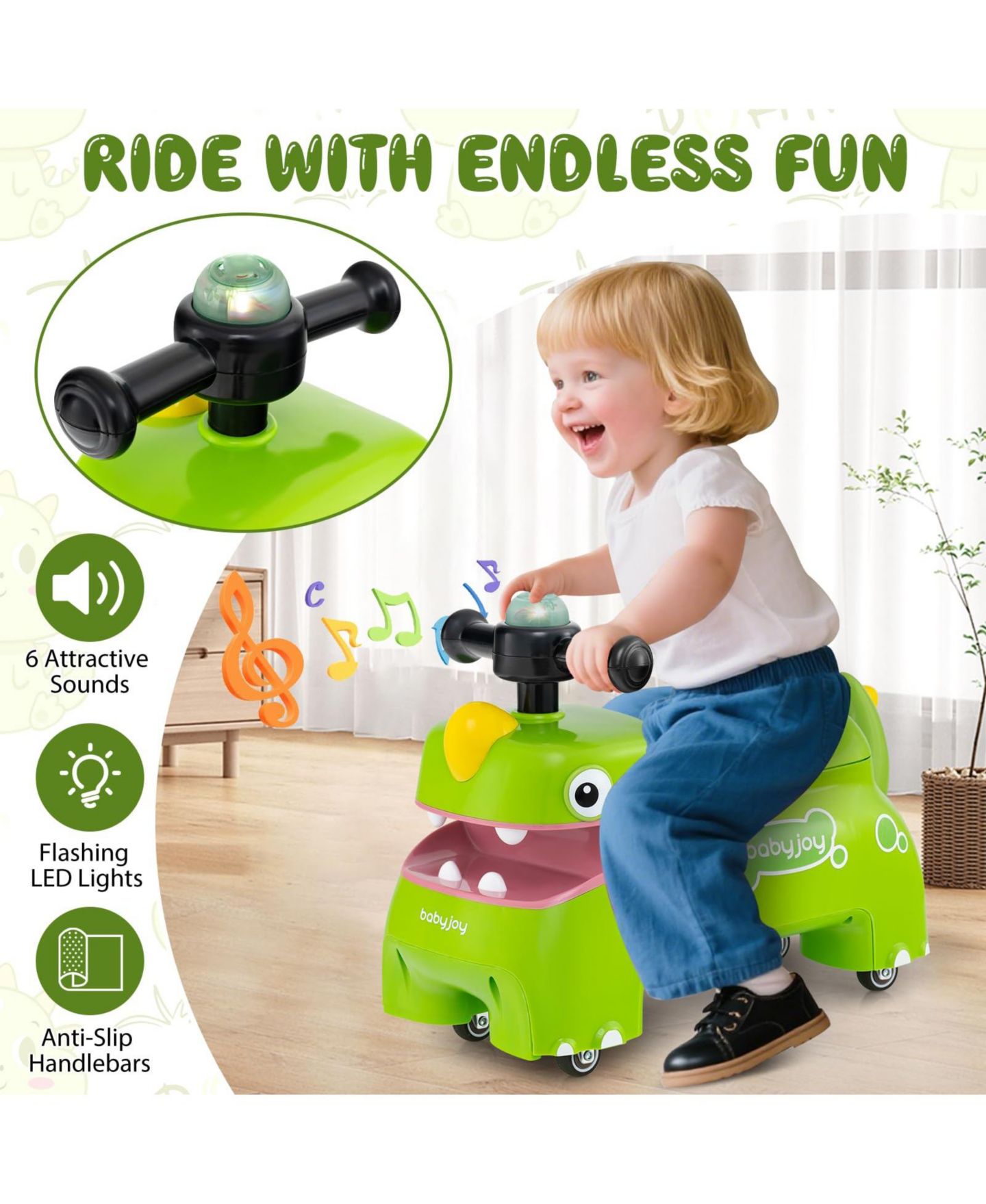 Детская игрушка Mecale Dinosaur Ride-On Car with Lights and Music, Ages 18+ Months, цвет: Зелёный — фото 4