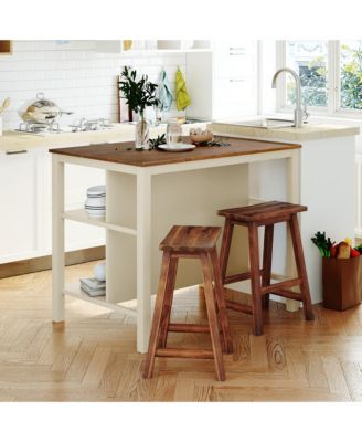 3-Piece 45-Inch Stationary Kitchen Island Set with 2 Seatings, Butcher Block Dining Table Prep Set with 2 Open Shelves for Small Spaces