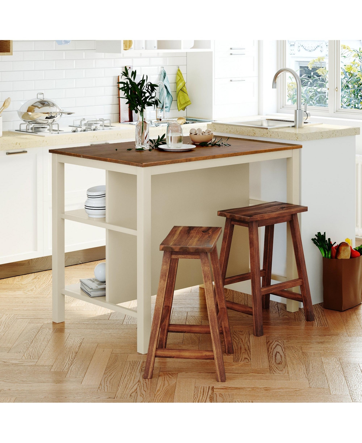 Boyel Living 3-Piece 45-Inch Stationary Kitchen Island Set with 2 Seatings, Butcher Block Dining Table Prep Set with 2 Open Shelves for Small Spaces