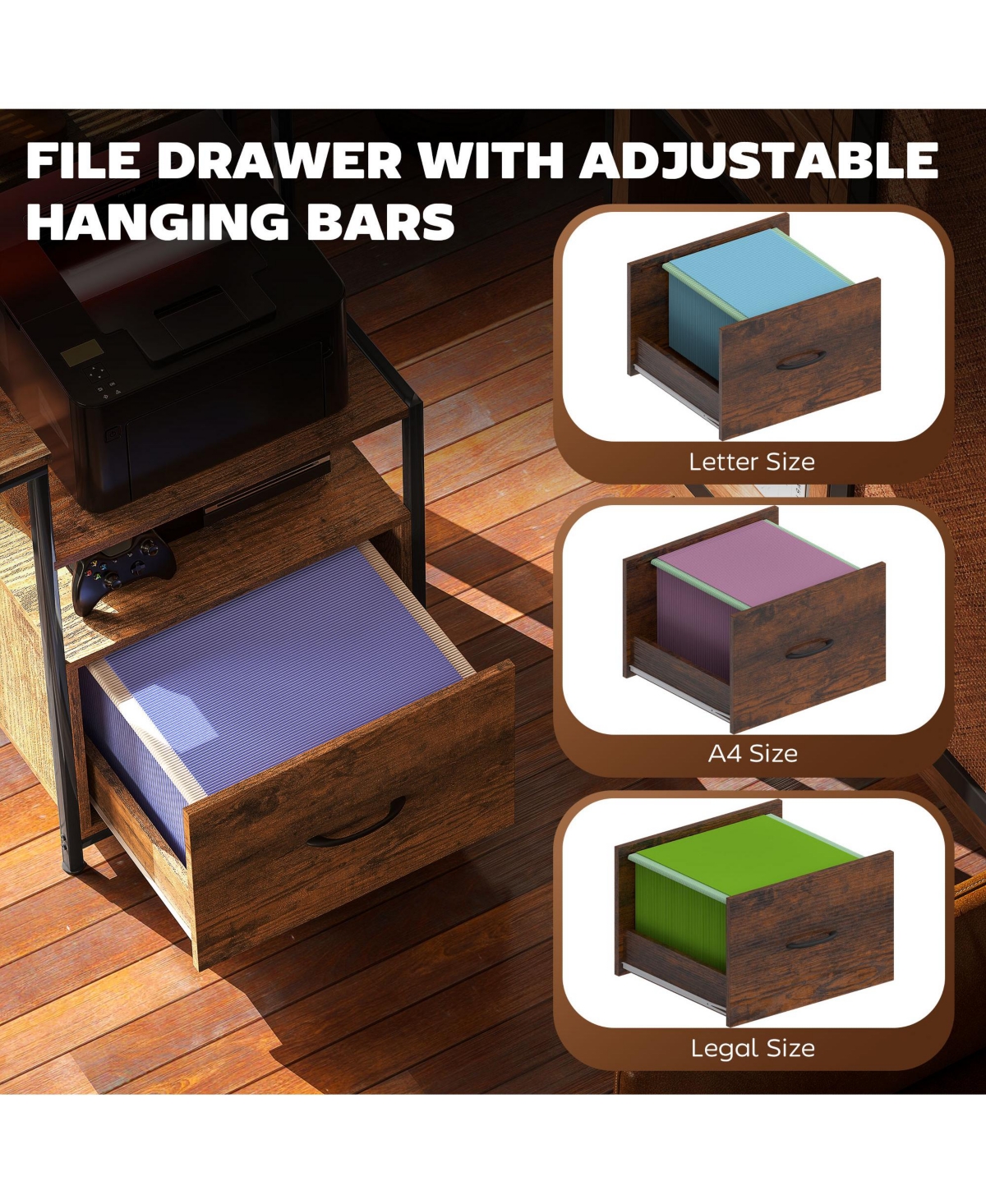 67" Computer Desk Home Office Desk with File Cabinet Lights