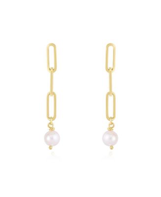 Pearl Paperclip Link Earrings 14K Gold