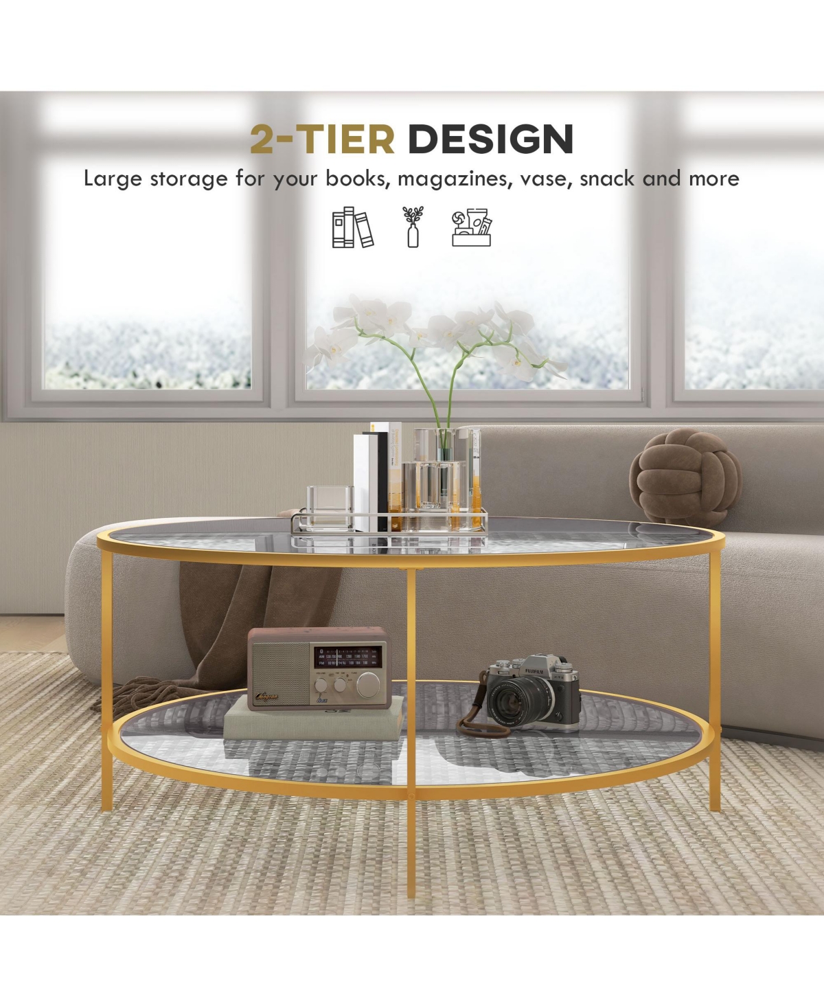 Homcom Round Side Table with Storage, 2-Tier End Tempe Glass Top