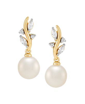 2-Pc. Cultured Freshwater Pearl (7-8mm) and White Cubic Zirconia Drop Earrings and Pendant Necklace Set in 14k Yellow Gold Over Sterling Silver