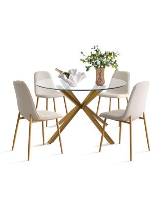5-Piece Oak Finish Modern Round Glass Dining Set
