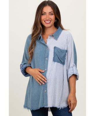Maternity Blue Colorblock Stripe Oversized Button Down