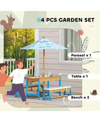 Kids Picnic Table, Wooden Table and Bench Set with Umbrella,
