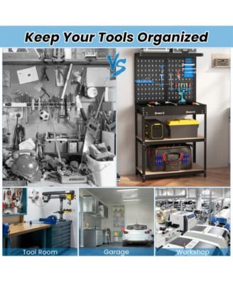 Tool Storage Workbench with Pegboard with 14 Hanging Accessories for Garage-Black and Blue