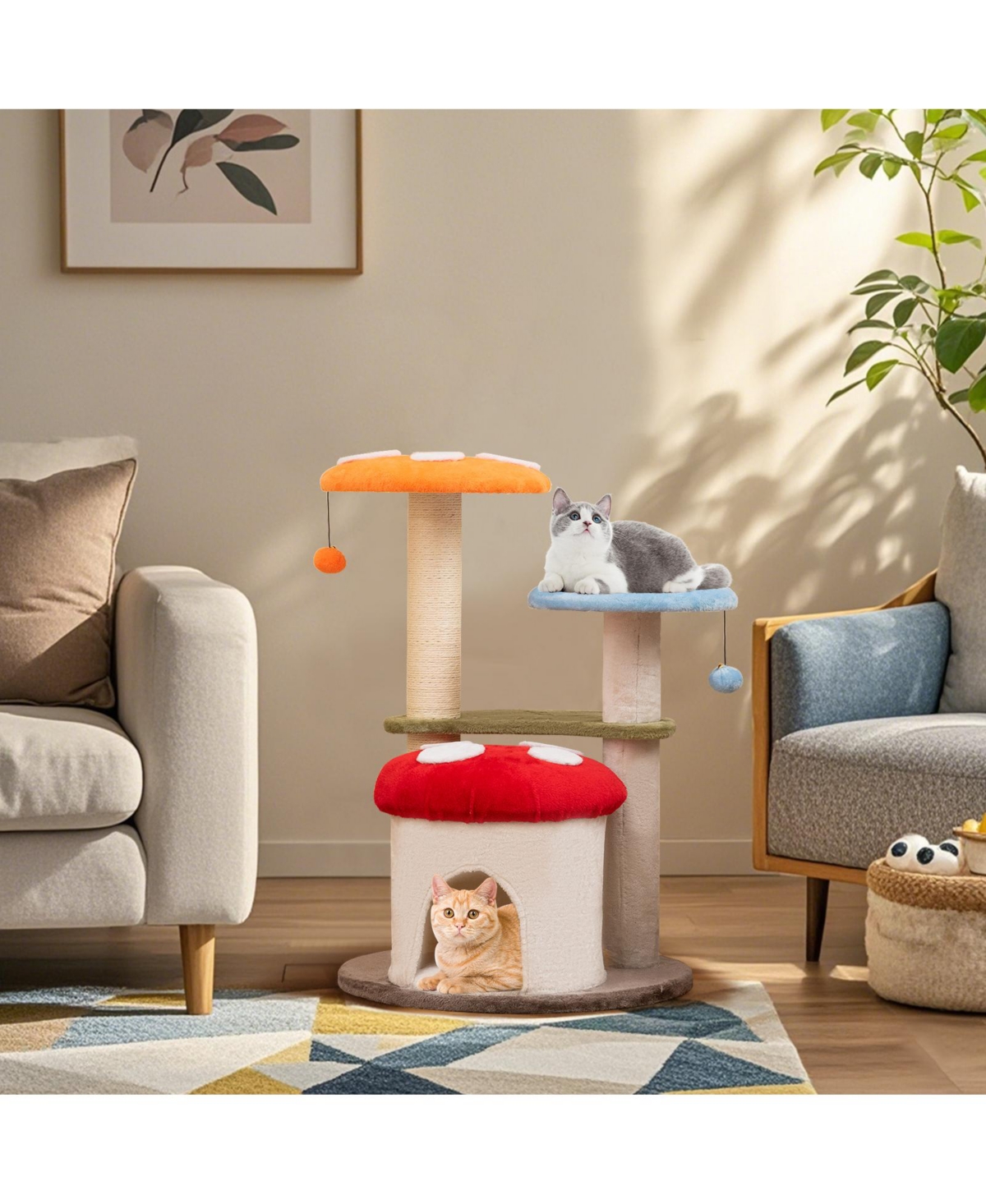 Gymax Cute Mushroom Cat Tree 35'' Tall Cat Tower w/ Sisal Scratching Posts Cat Condo