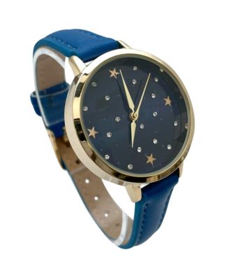 Stars and Rhinestones Faux Leather Women Watch, Blue