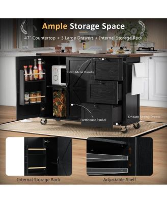 Kitchen Island with Power Outlet & Drop Leaf, 47.2" Farmhouse Rolling Cart with Spice Rack & Storage Drawers-Maison Boucle