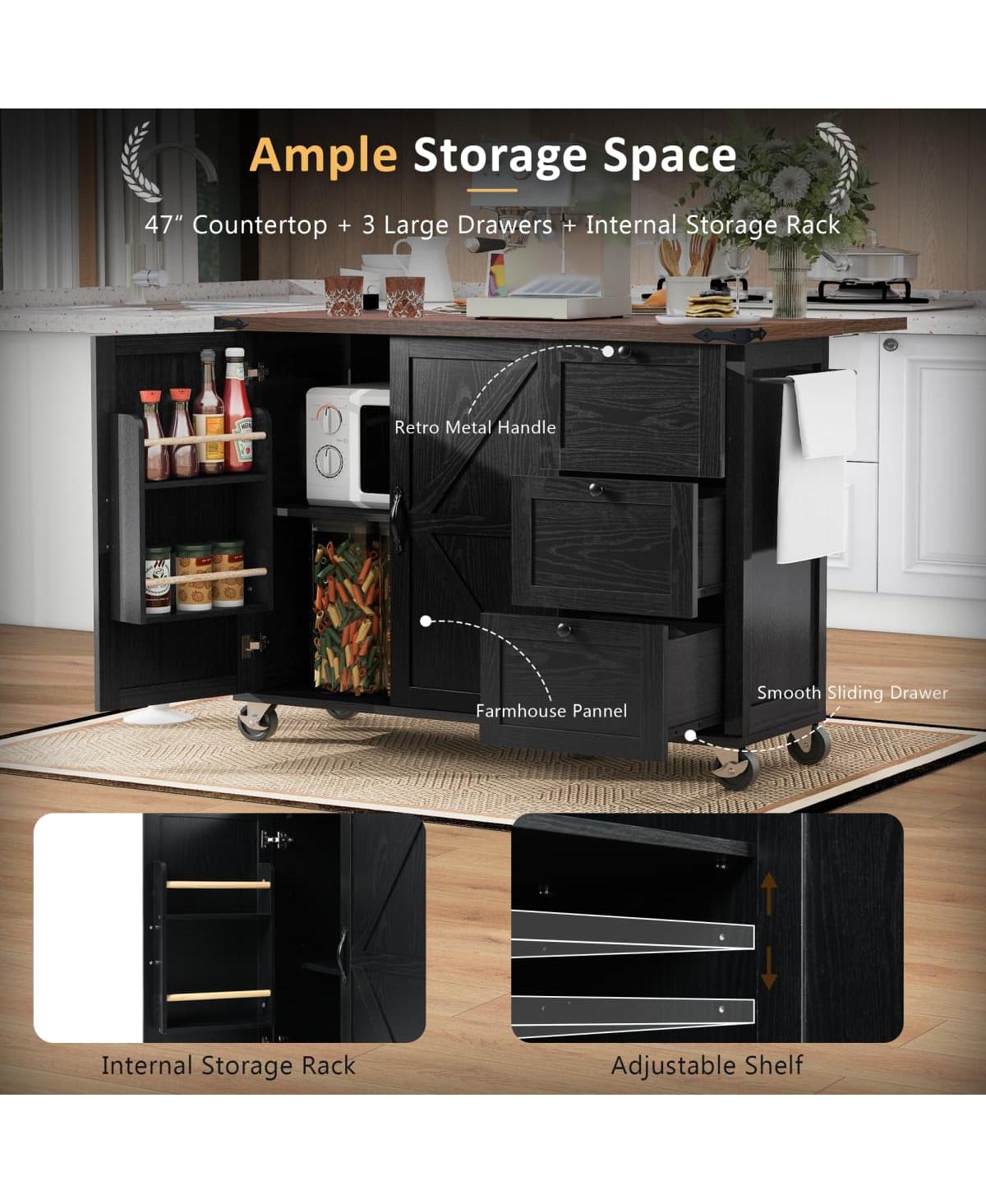 Kitchen Island with Power Outlet & Drop Leaf, 47.2" Farmhouse Rolling Cart Spice Rack Storage Drawers-Maison Boucle