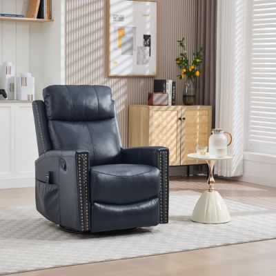 Genuine Leather Heat Massage Manual Recliner Chair with Rocker and Swivel for Living Room